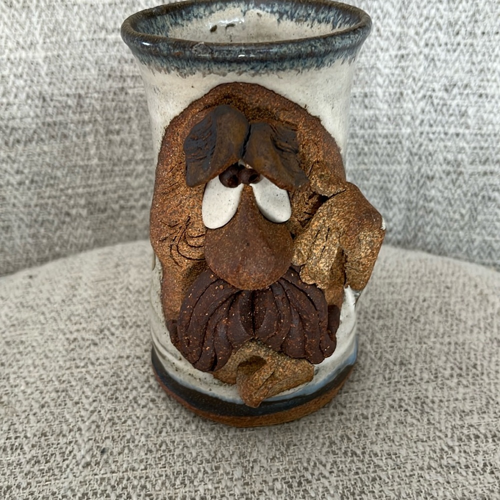 Mahon Made stoneware vintage 1980 pottery handmade ugly face 3D mug man mustache